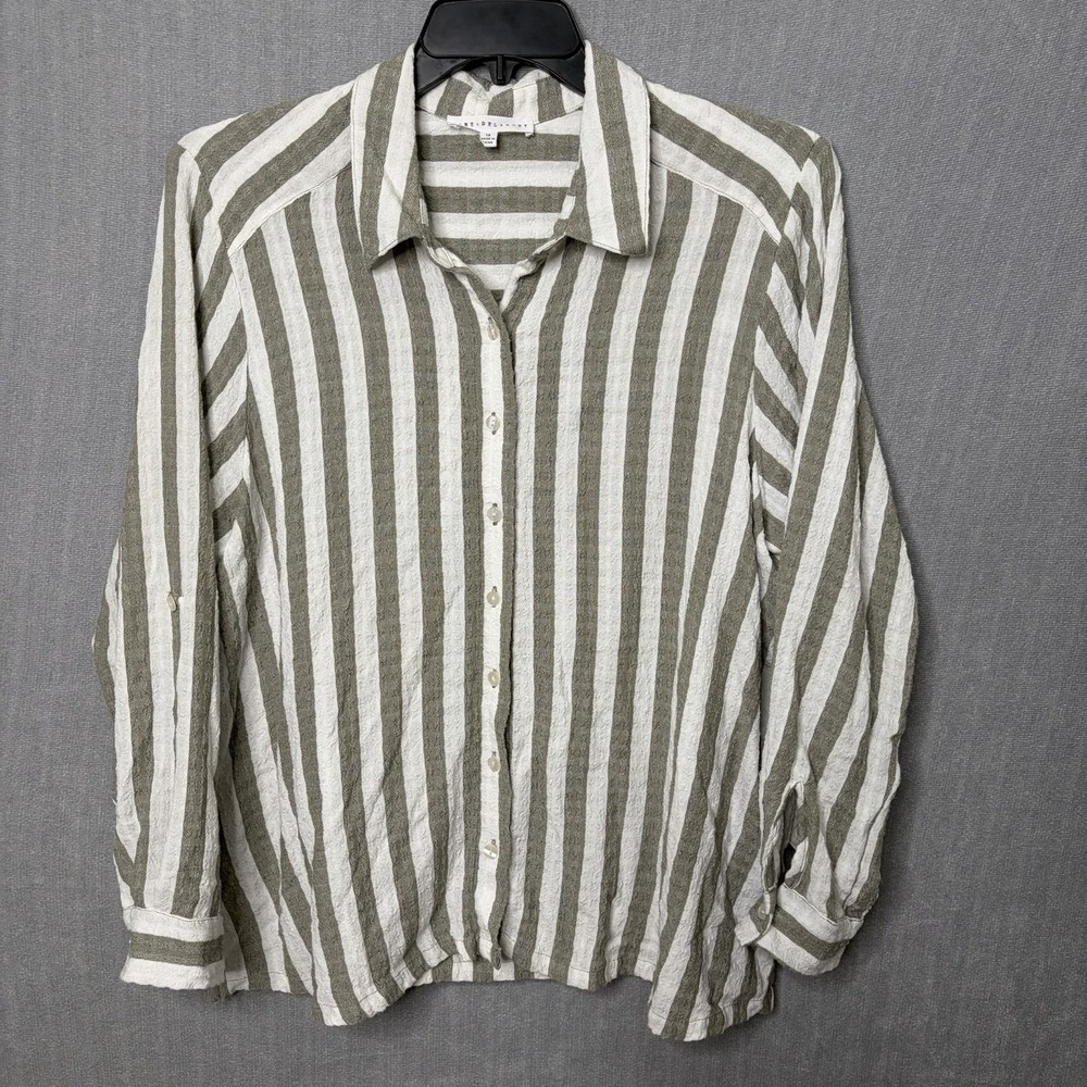 Jane + Delancey Striped Button Down Long Sleeve Shirt Green Roll Tab Tunic Gauze